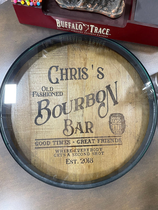 Custom made Bourbon Barrel Bistro/Pub Table Table with cabinet base and glass insert - Custom designed laser engraving available