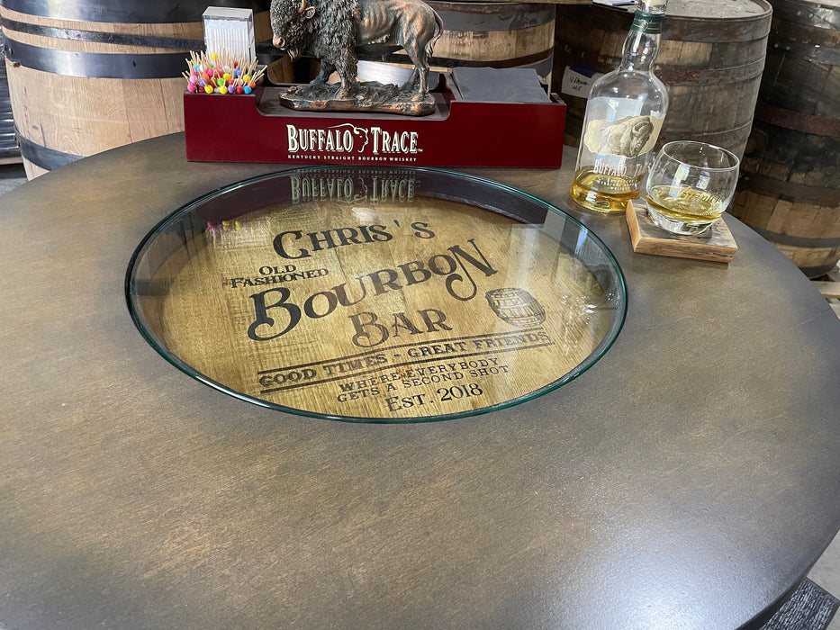 Custom made Bourbon Barrel Bistro/Pub Table Table with cabinet base and glass insert - Custom designed laser engraving available