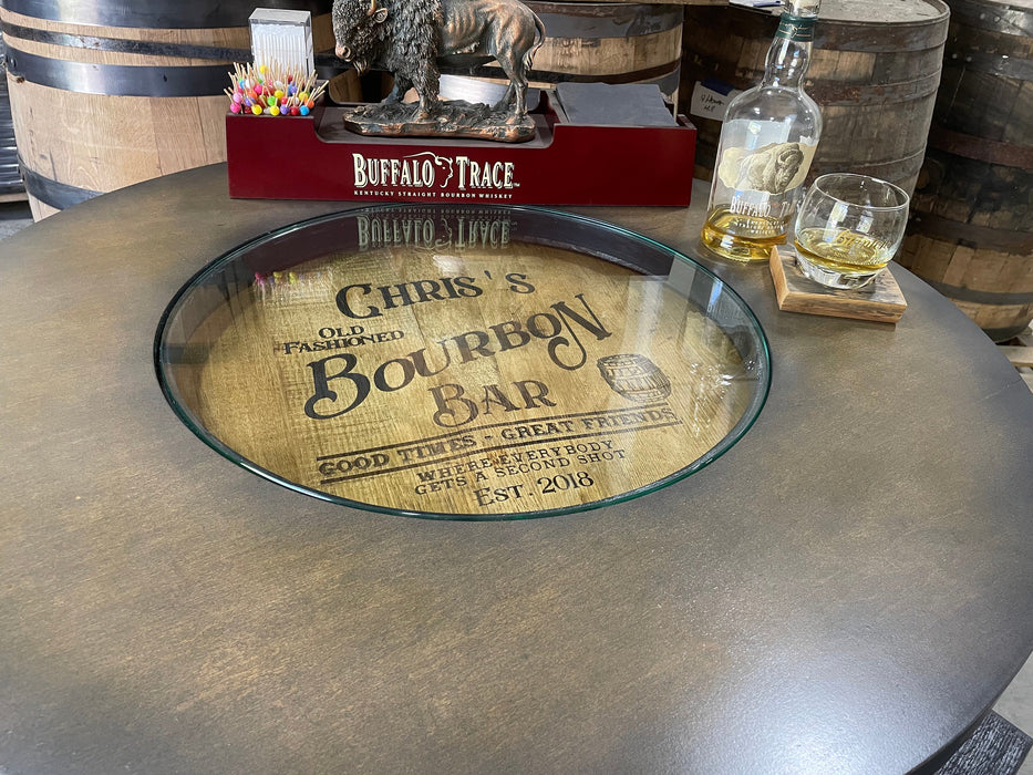 Custom made Bourbon Barrel Bistro/Pub Table Table with glass insert- Custom designed laser engraving available