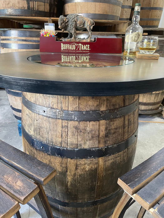 Custom made Bourbon Barrel Bistro/Pub Table Table with cabinet base and glass insert - Custom designed laser engraving available