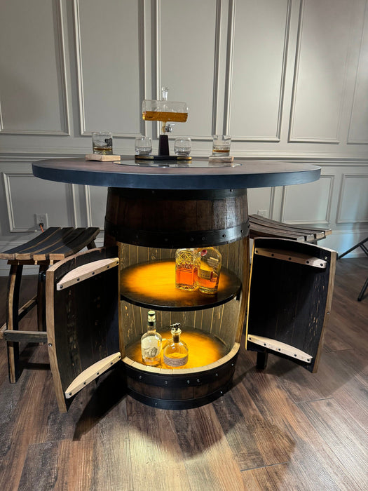 Custom made Bourbon Barrel Bistro/Pub Table Table with cabinet base and glass insert - Custom designed laser engraving available