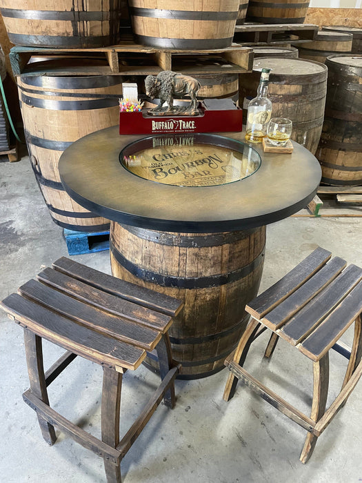 Custom made Bourbon Barrel Bistro/Pub Table Table with cabinet base and glass insert - Custom designed laser engraving available