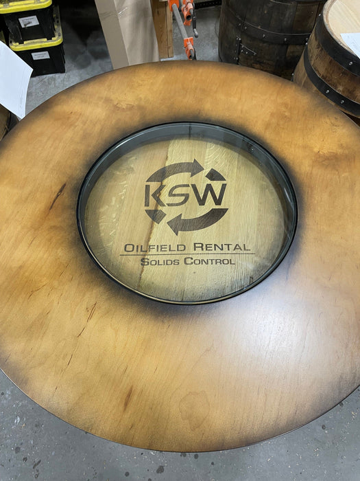 Custom made Bourbon Barrel Bistro/Pub Table Table with cabinet base and glass insert - Custom designed laser engraving available