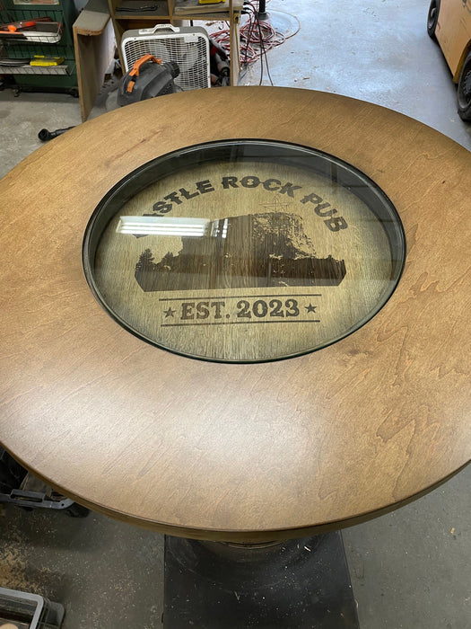 Custom made Bourbon Barrel Bistro/Pub Table Table with cabinet base and glass insert - Custom designed laser engraving available