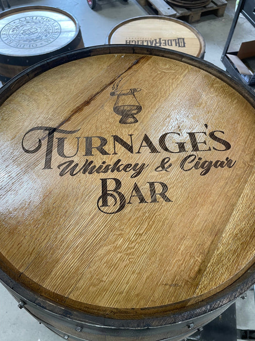 Custom made Bourbon Barrel Bistro/Pub Table Table with cabinet base and glass insert - Custom designed laser engraving available